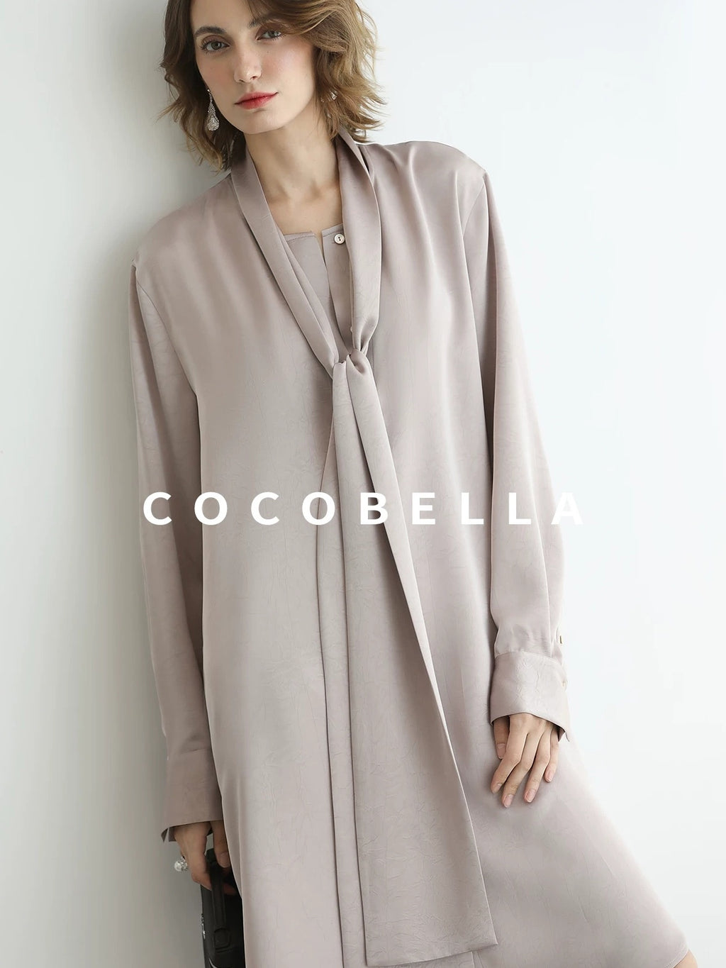 COCOBELLA Elegant Button Tie Neck Relaxed H Shape Long Sleeve Shirt City Commute Dresses