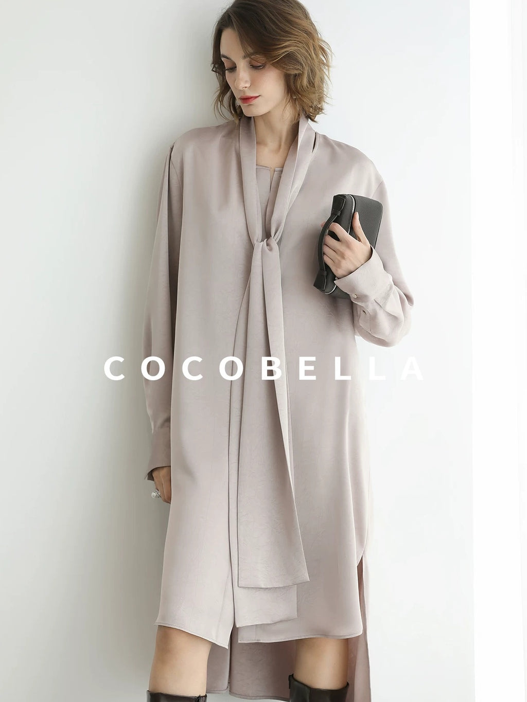 COCOBELLA Elegant Button Tie Neck Relaxed H Shape Long Sleeve Shirt City Commute Dresses