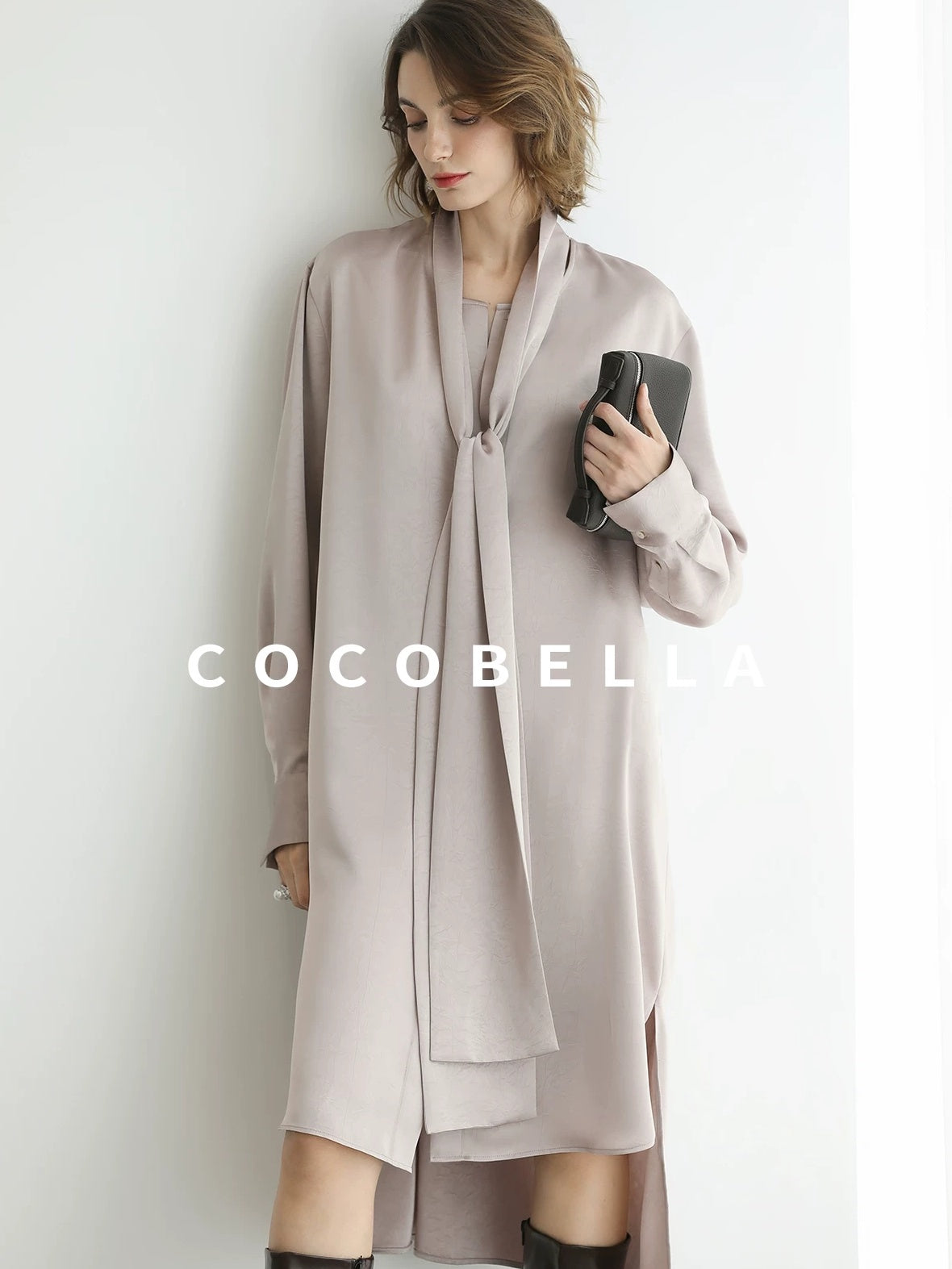 COCOBELLA Elegant Button Tie Neck Relaxed H Shape Long Sleeve Shirt City Commute Dresses