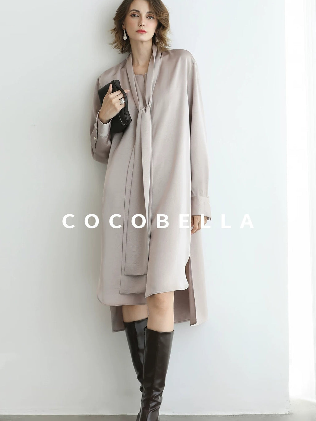 COCOBELLA Elegant Button Tie Neck Relaxed H Shape Long Sleeve Shirt City Commute Dresses