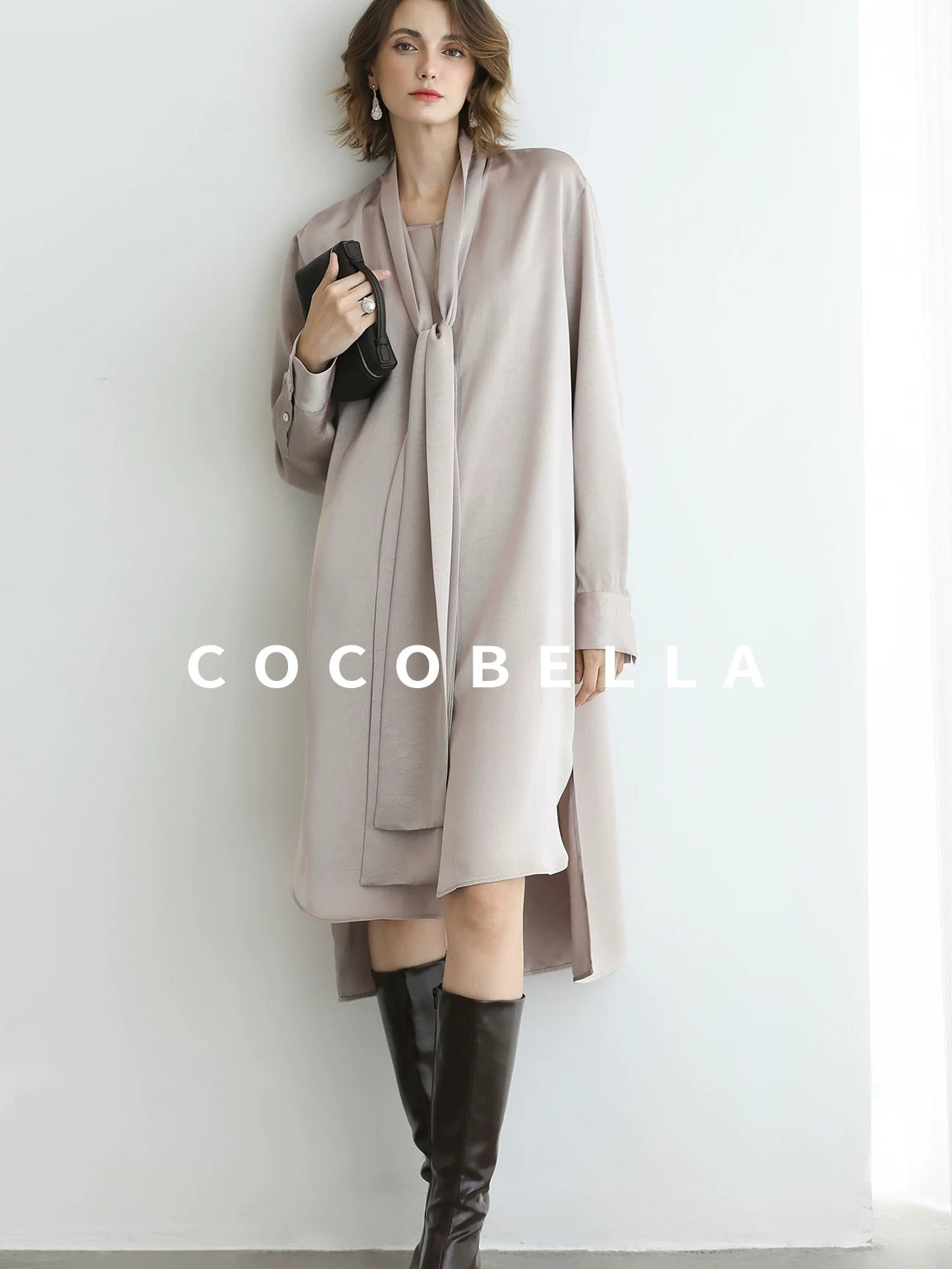 COCOBELLA Elegant Button Tie Neck Relaxed H Shape Long Sleeve Shirt City Commute Dresses