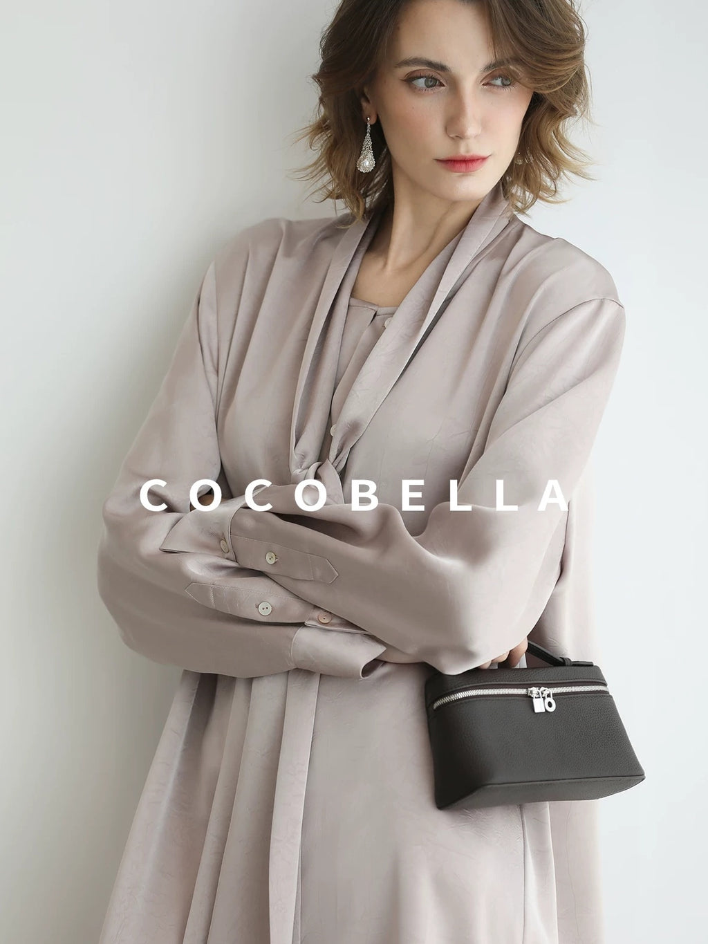 COCOBELLA Elegant Button Tie Neck Relaxed H Shape Long Sleeve Shirt City Commute Dresses