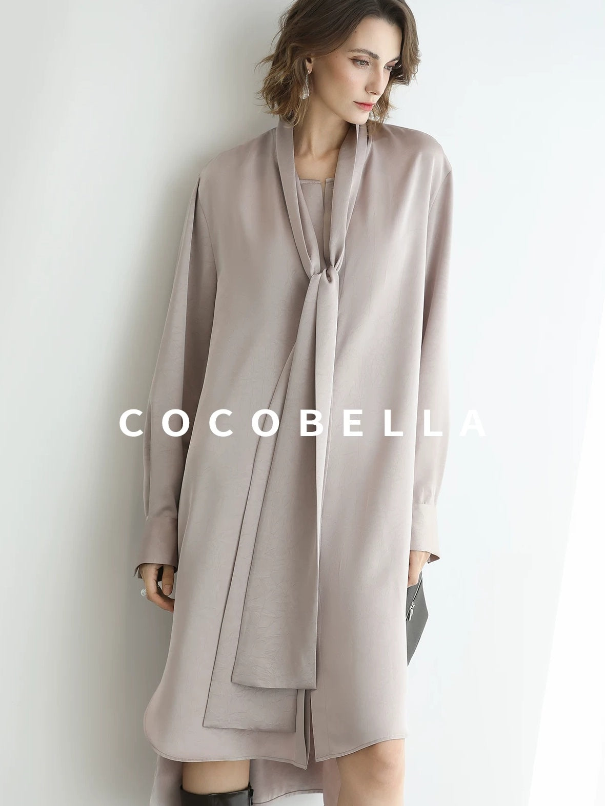 COCOBELLA Elegant Button Tie Neck Relaxed H Shape Long Sleeve Shirt City Commute Dresses
