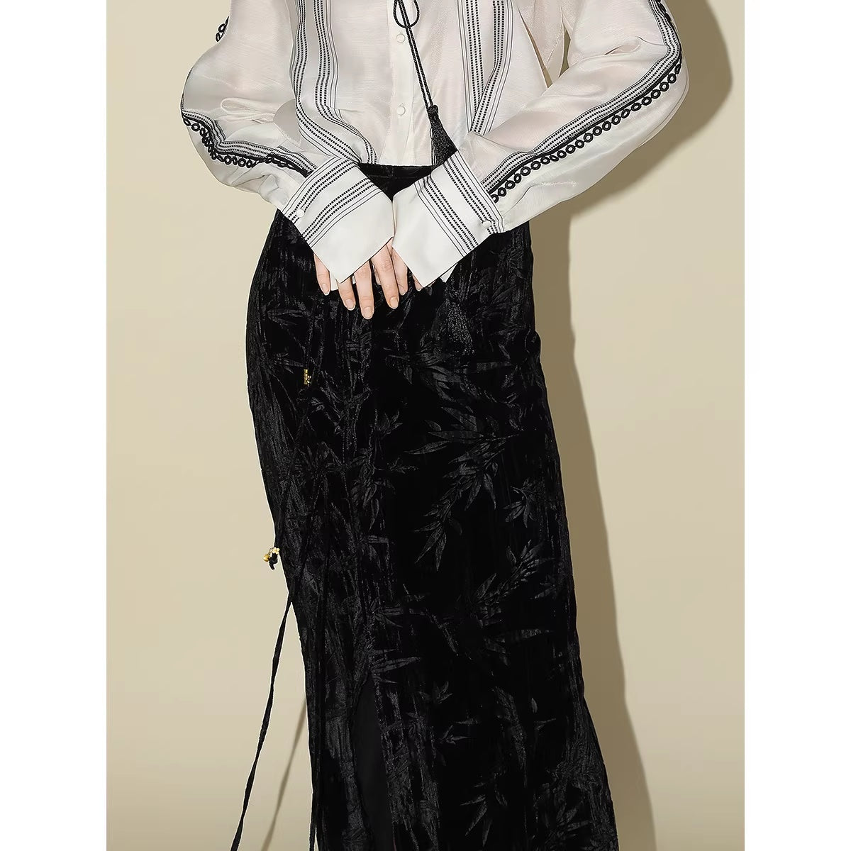 COCOBELLA_Elegant_Chinese_Tie_Waist_3D_Trim_Mid_Rise_A_Line_Polyester_Women_Skirts_MISSTT