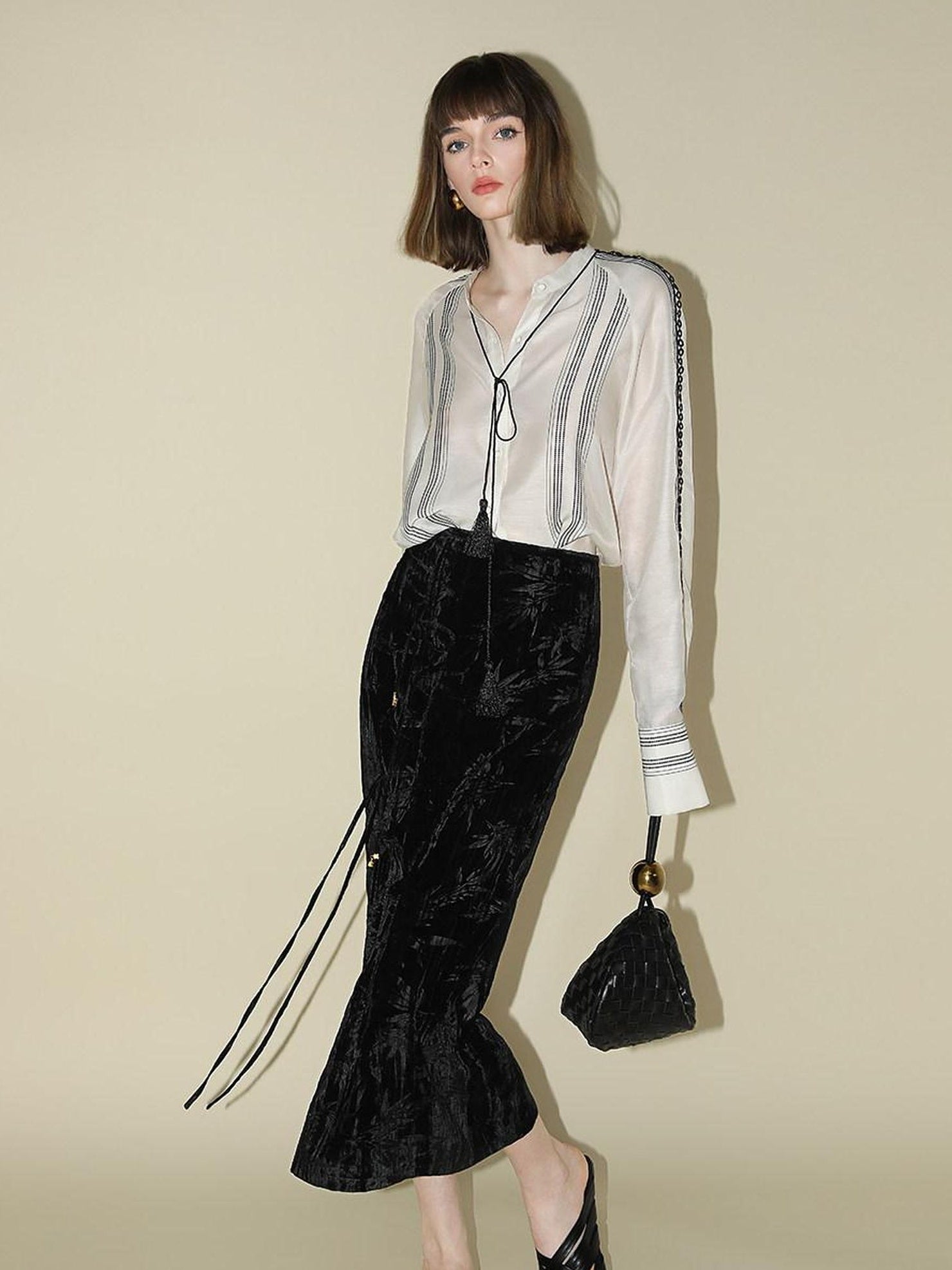 COCOBELLA Elegant Chinese Tie Waist 3D Trim Mid Rise A Line Polyester Women Skirts