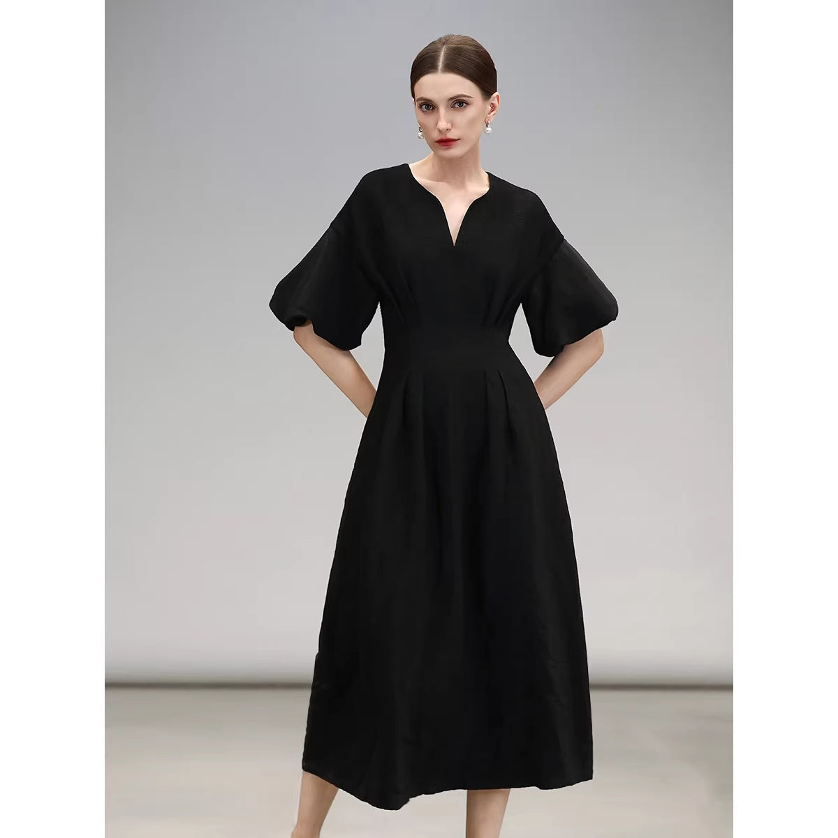COCOBELLA_Elegant_Cinched_Waist_Pleated_A_Line_V_Neck_Puff_Sleeve_Women_Office_Dresses_MISSTT