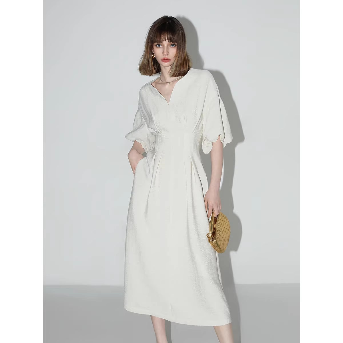 COCOBELLA_Elegant_Cinched_Waist_Pleated_A_Line_V_Neck_Puff_Sleeve_Women_Office_Dresses_MISSTT