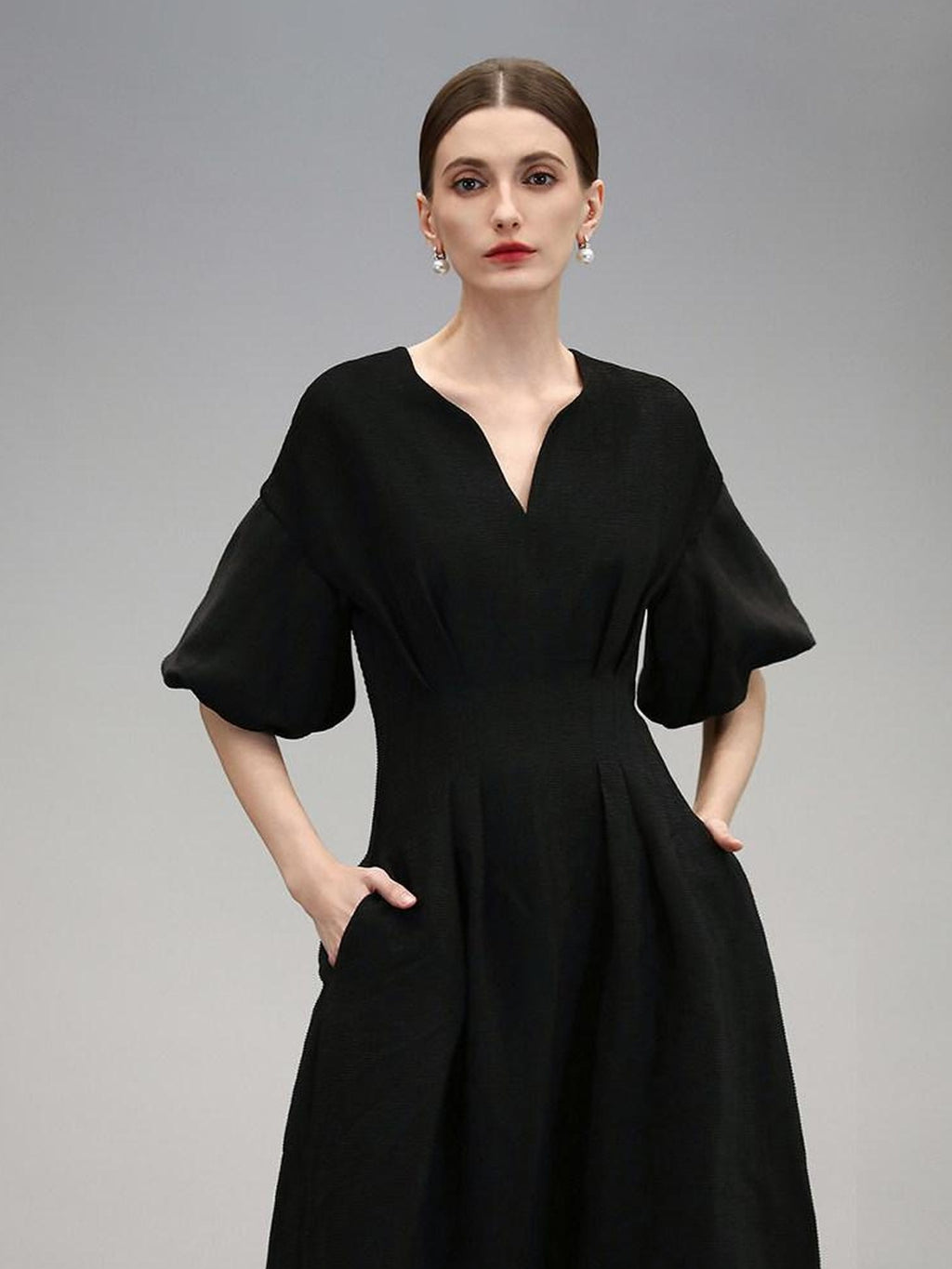 COCOBELLA Elegant Cinched Waist Pleated A Line V Neck Puff Sleeve Women Office Dresses