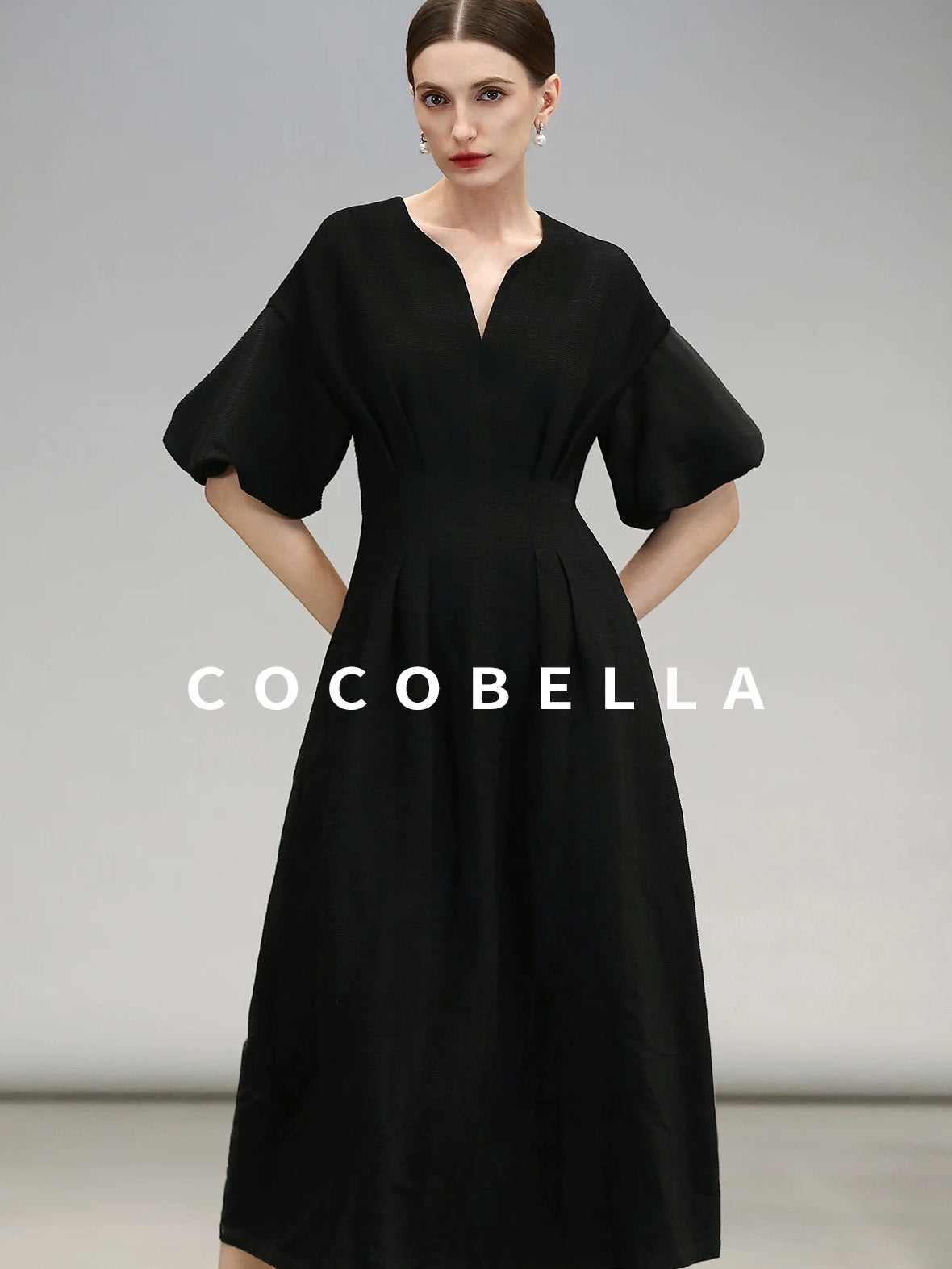COCOBELLA Elegant Cinched Waist Pleated A Line V Neck Puff Sleeve Women Office Dresses