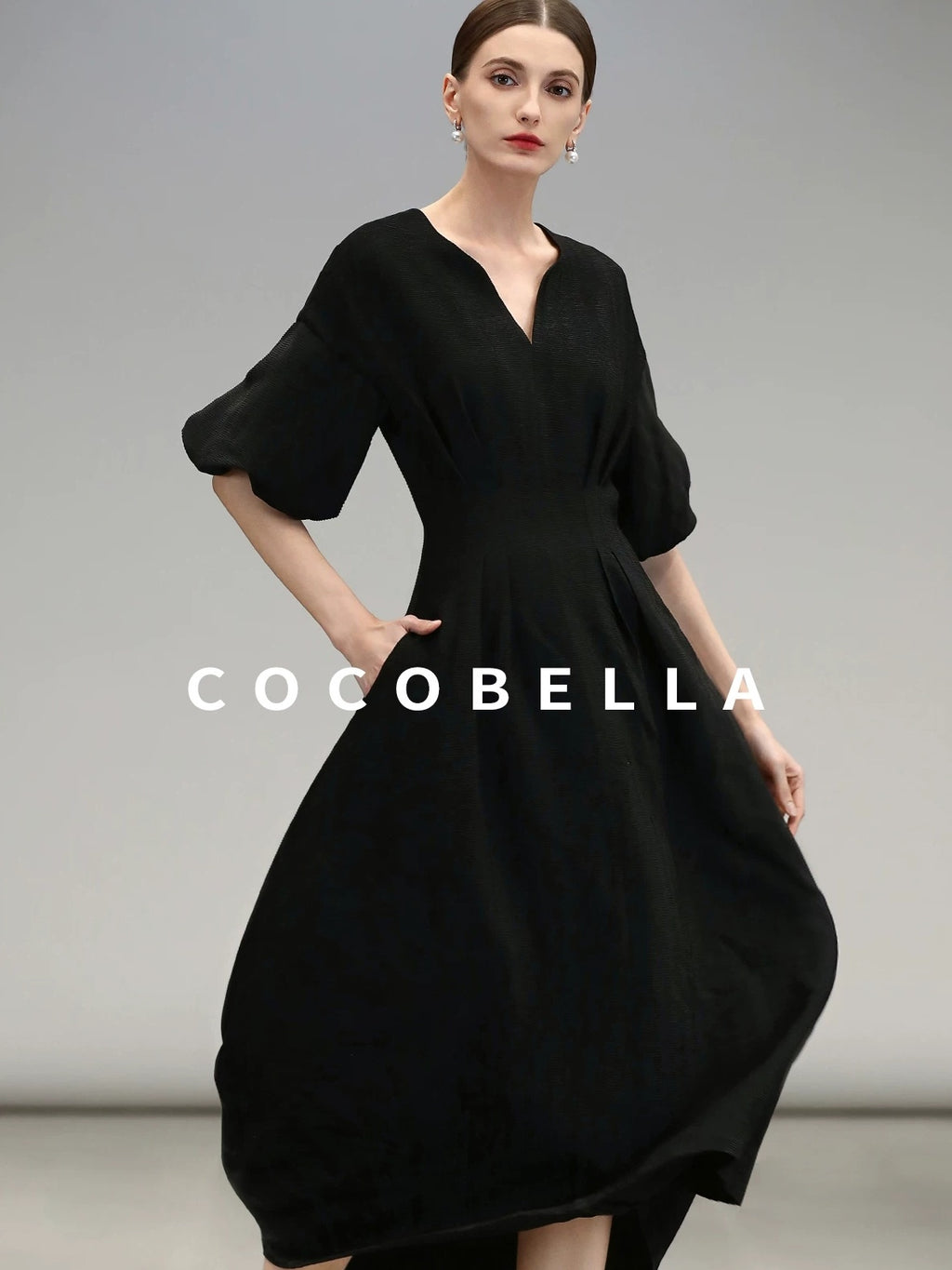 COCOBELLA Elegant Cinched Waist Pleated A Line V Neck Puff Sleeve Women Office Dresses
