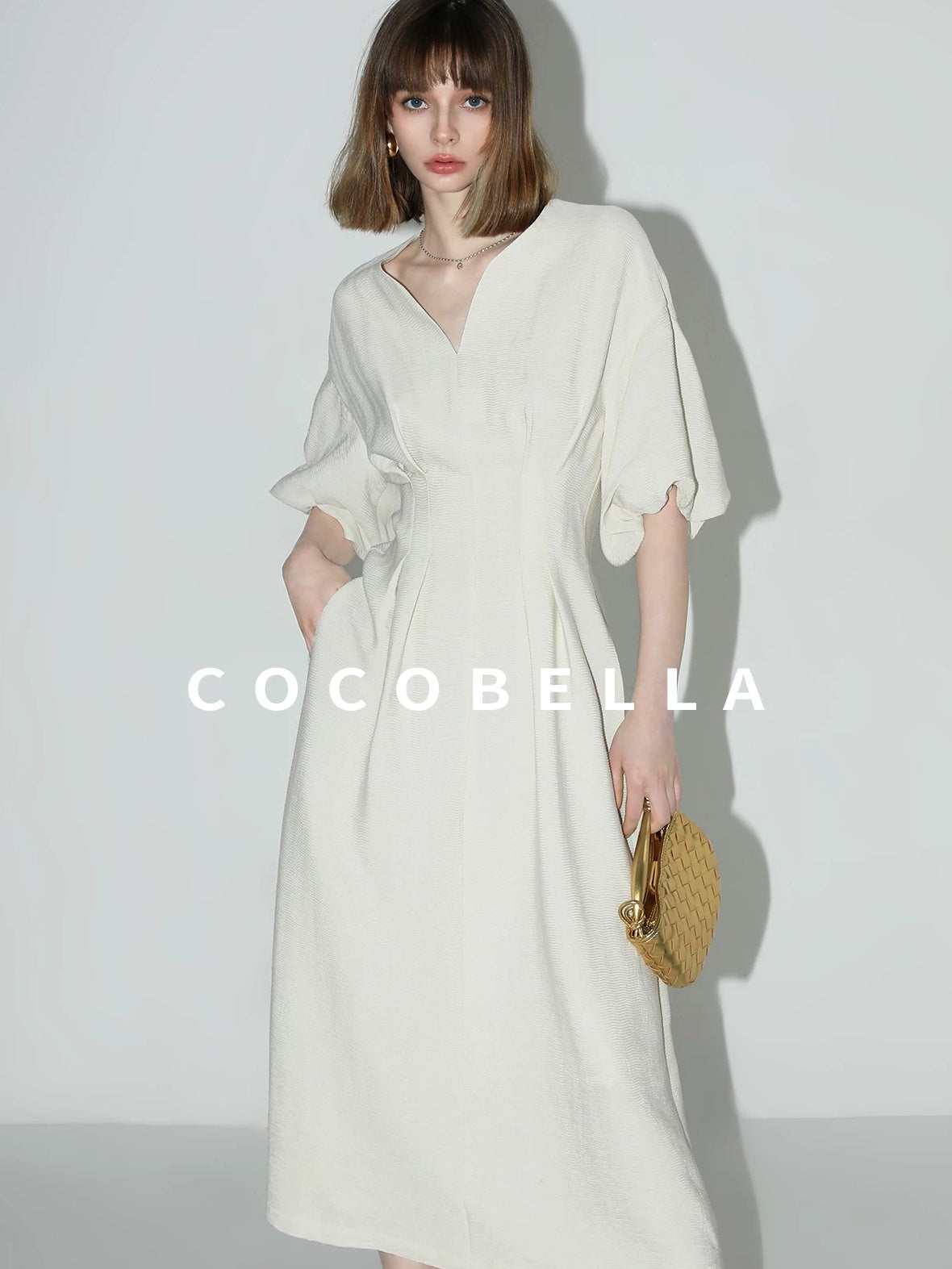 COCOBELLA Elegant Cinched Waist Pleated A Line V Neck Puff Sleeve Women Office Dresses