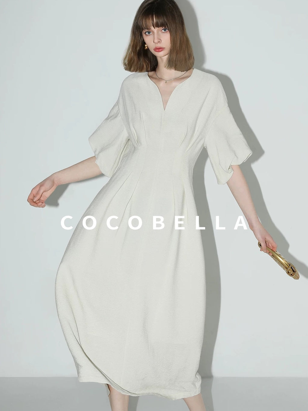 COCOBELLA Elegant Cinched Waist Pleated A Line V Neck Puff Sleeve Women Office Dresses