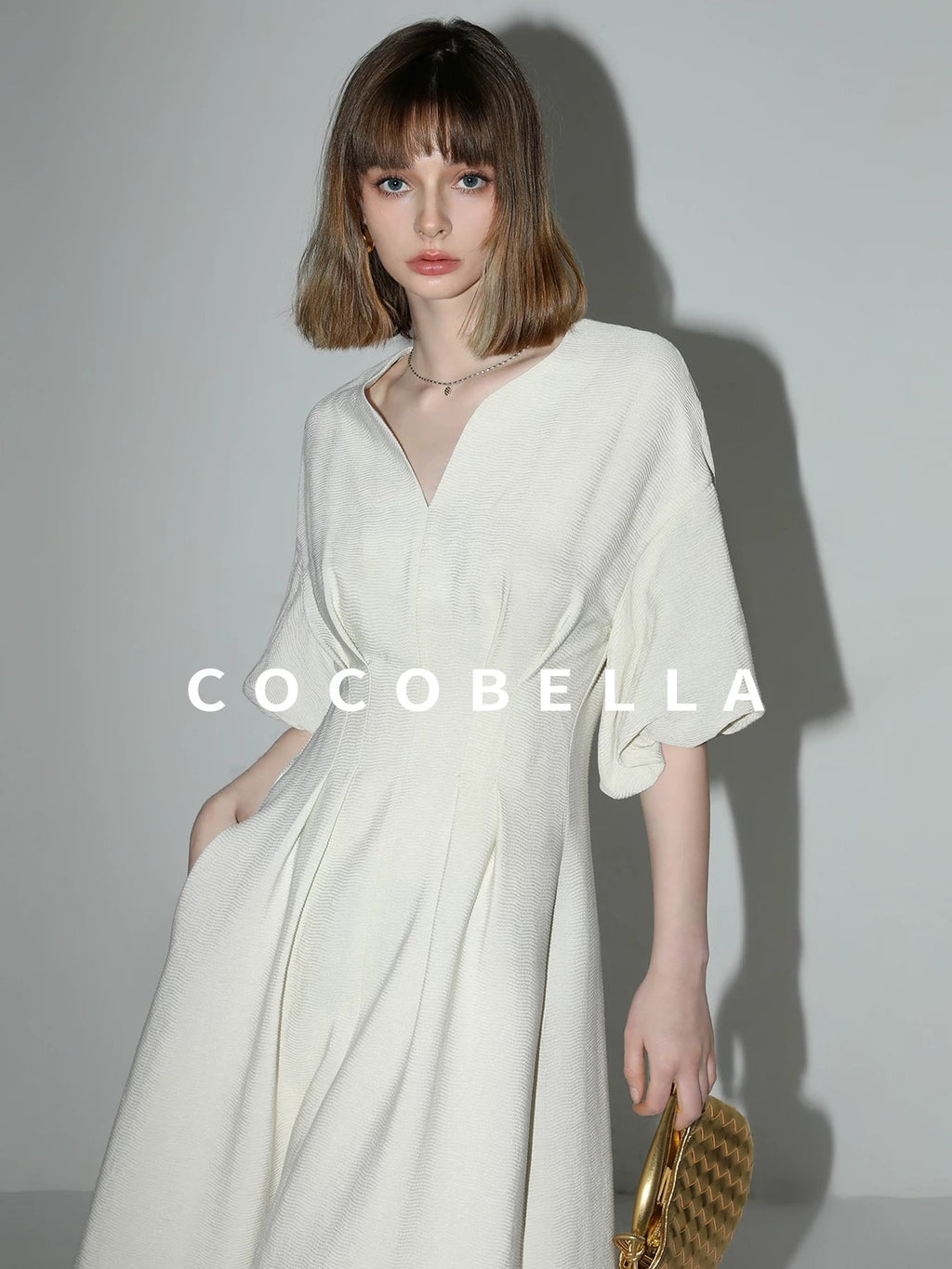 COCOBELLA Elegant Cinched Waist Pleated A Line V Neck Puff Sleeve Women Office Dresses