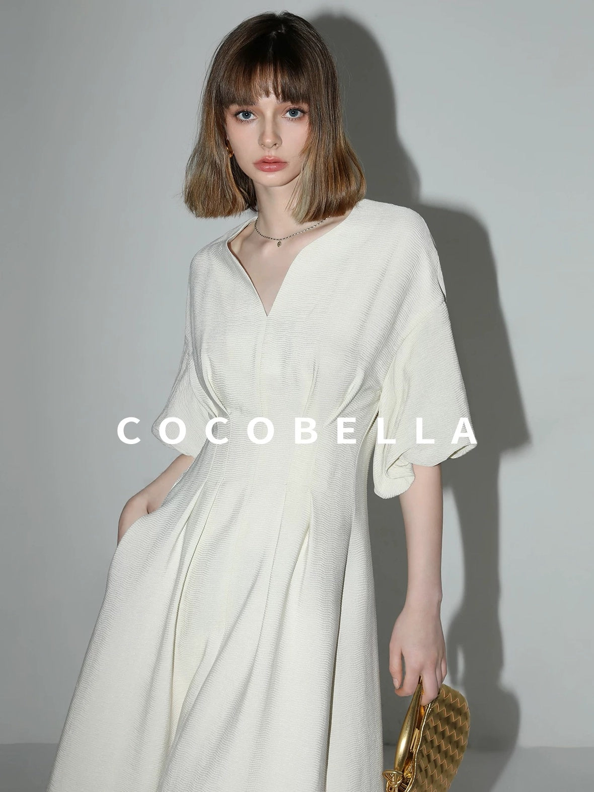 COCOBELLA Elegant Cinched Waist Pleated A Line V Neck Puff Sleeve Women Office Dresses