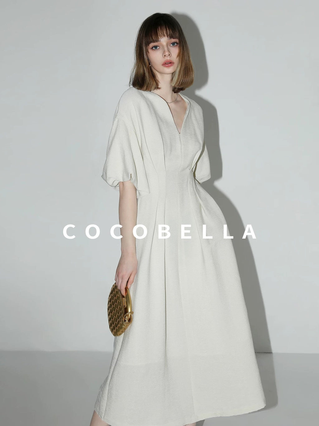 COCOBELLA Elegant Cinched Waist Pleated A Line V Neck Puff Sleeve Women Office Dresses