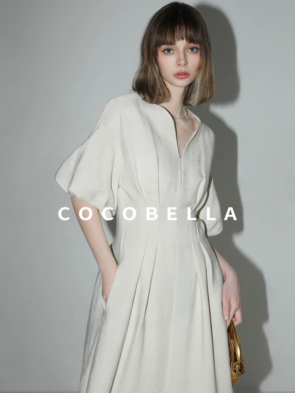 COCOBELLA Elegant Cinched Waist Pleated A Line V Neck Puff Sleeve Women Office Dresses