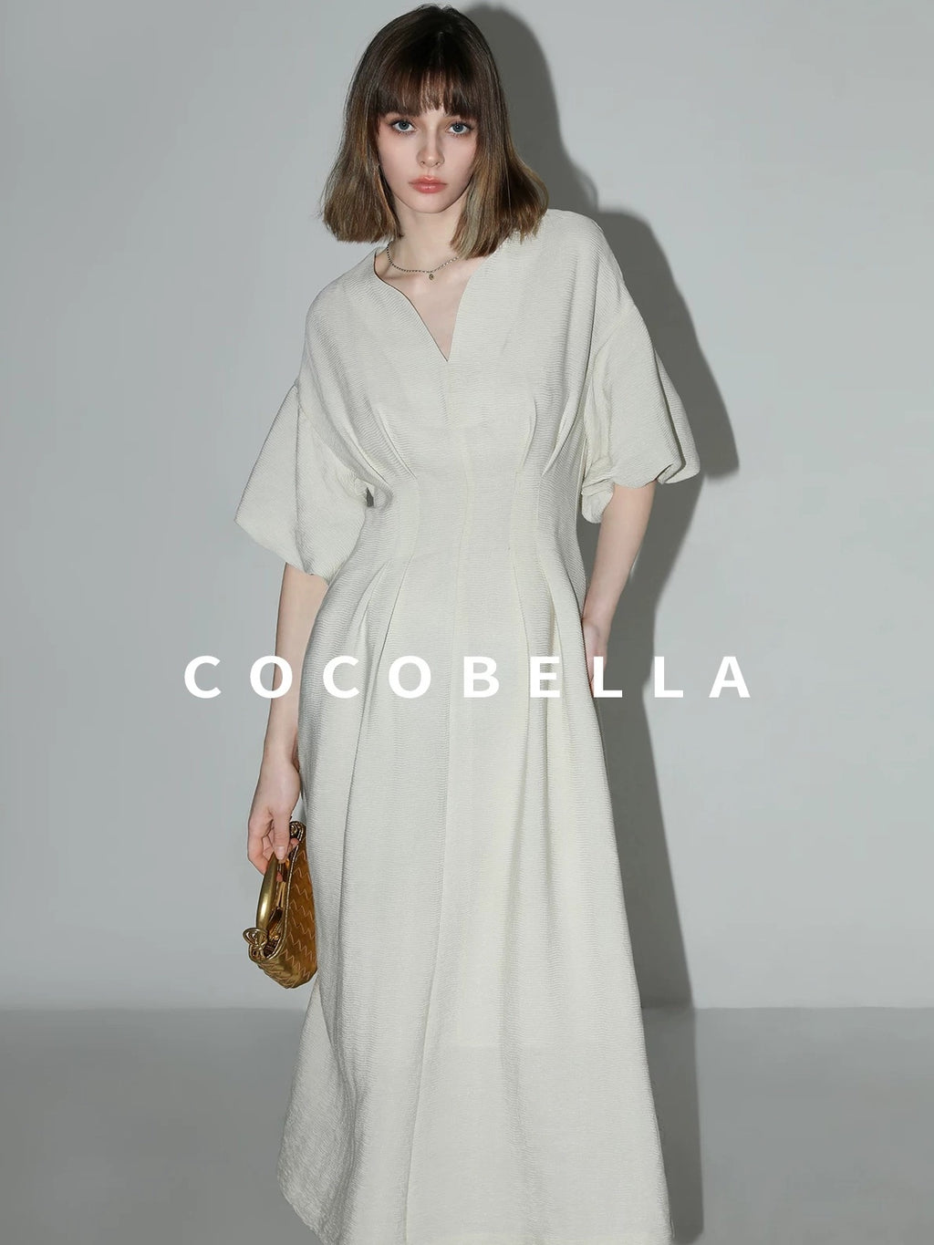 COCOBELLA Elegant Cinched Waist Pleated A Line V Neck Puff Sleeve Women Office Dresses