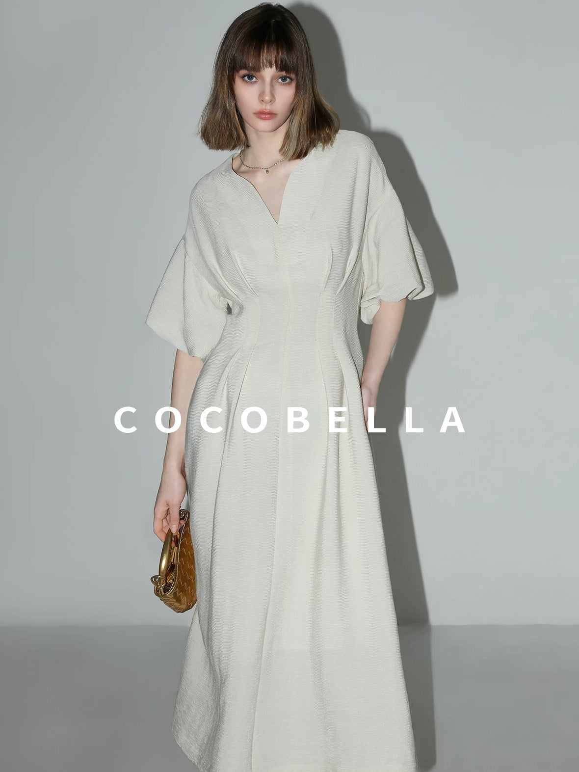 COCOBELLA Elegant Cinched Waist Pleated A Line V Neck Puff Sleeve Women Office Dresses