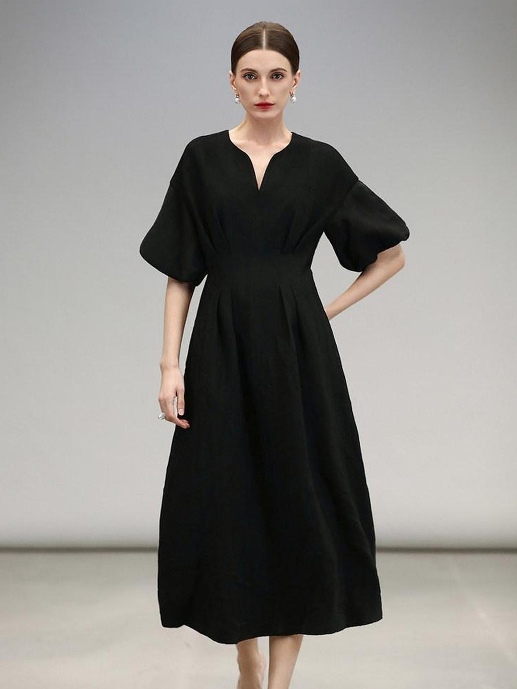 COCOBELLA Elegant Cinched Waist Pleated A Line V Neck Puff Sleeve Women Office Dresses