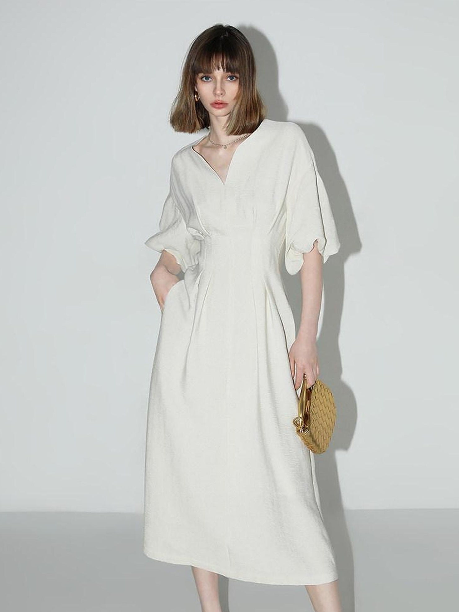 COCOBELLA Elegant Cinched Waist Pleated A Line V Neck Puff Sleeve Women Office Dresses