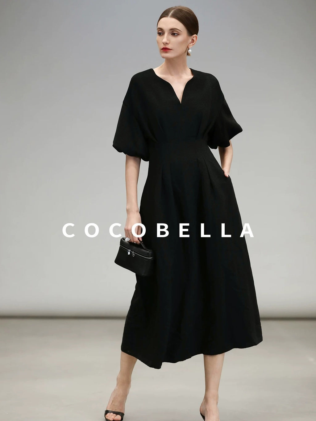 COCOBELLA Elegant Cinched Waist Pleated A Line V Neck Puff Sleeve Women Office Dresses