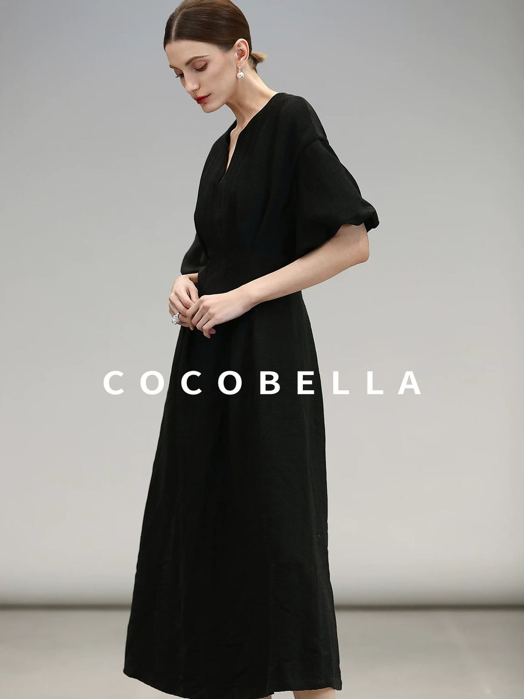 COCOBELLA Elegant Cinched Waist Pleated A Line V Neck Puff Sleeve Women Office Dresses