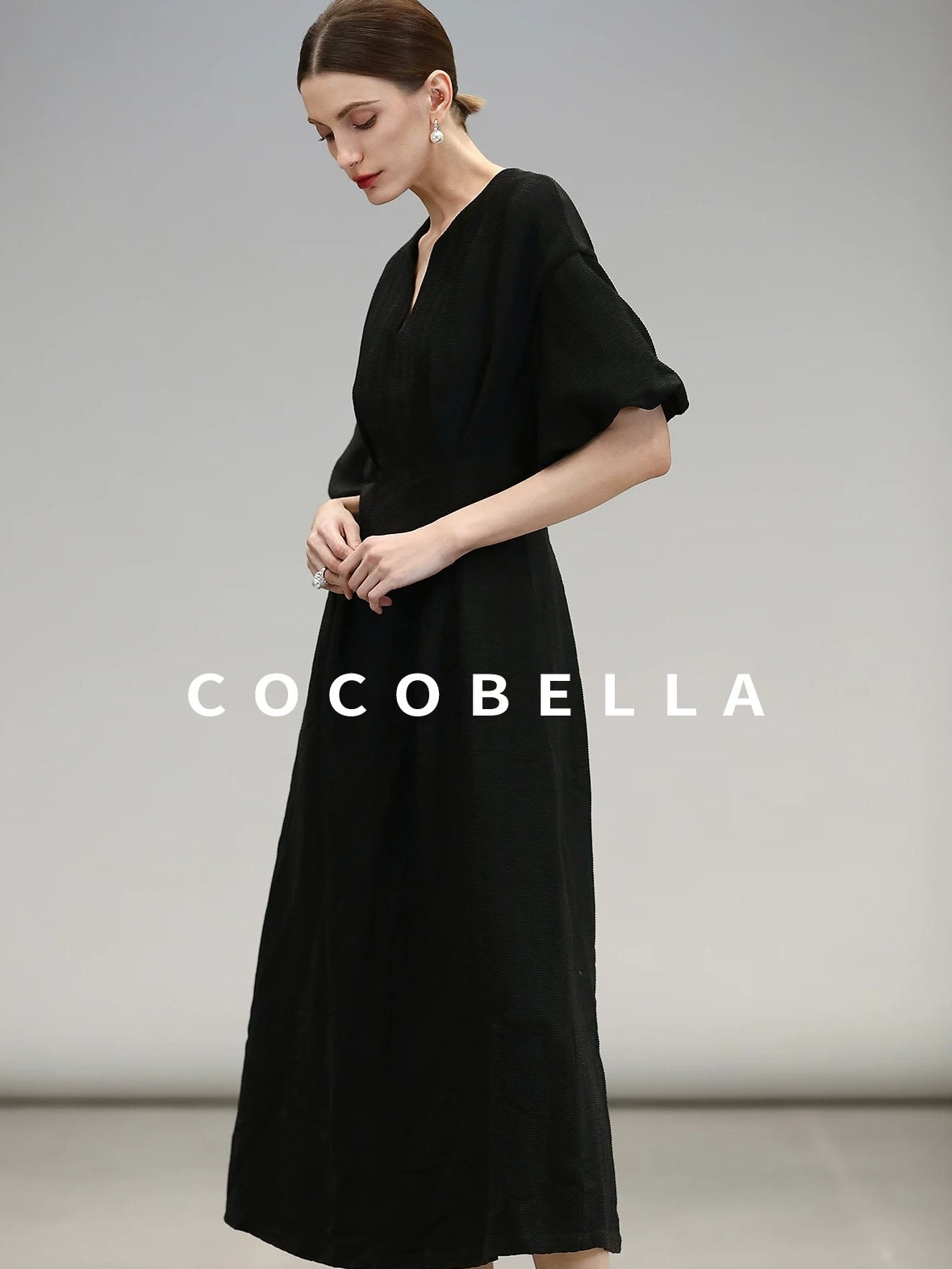 COCOBELLA Elegant Cinched Waist Pleated A Line V Neck Puff Sleeve Women Office Dresses
