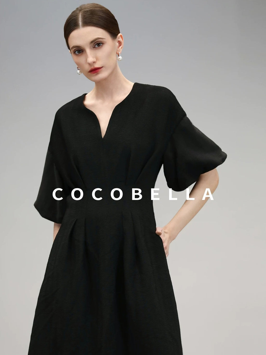 COCOBELLA Elegant Cinched Waist Pleated A Line V Neck Puff Sleeve Women Office Dresses
