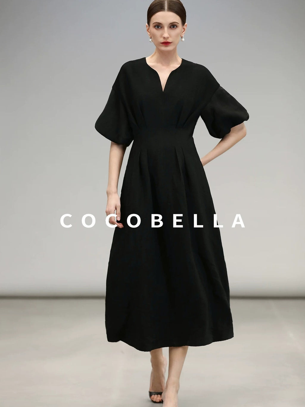 COCOBELLA Elegant Cinched Waist Pleated A Line V Neck Puff Sleeve Women Office Dresses