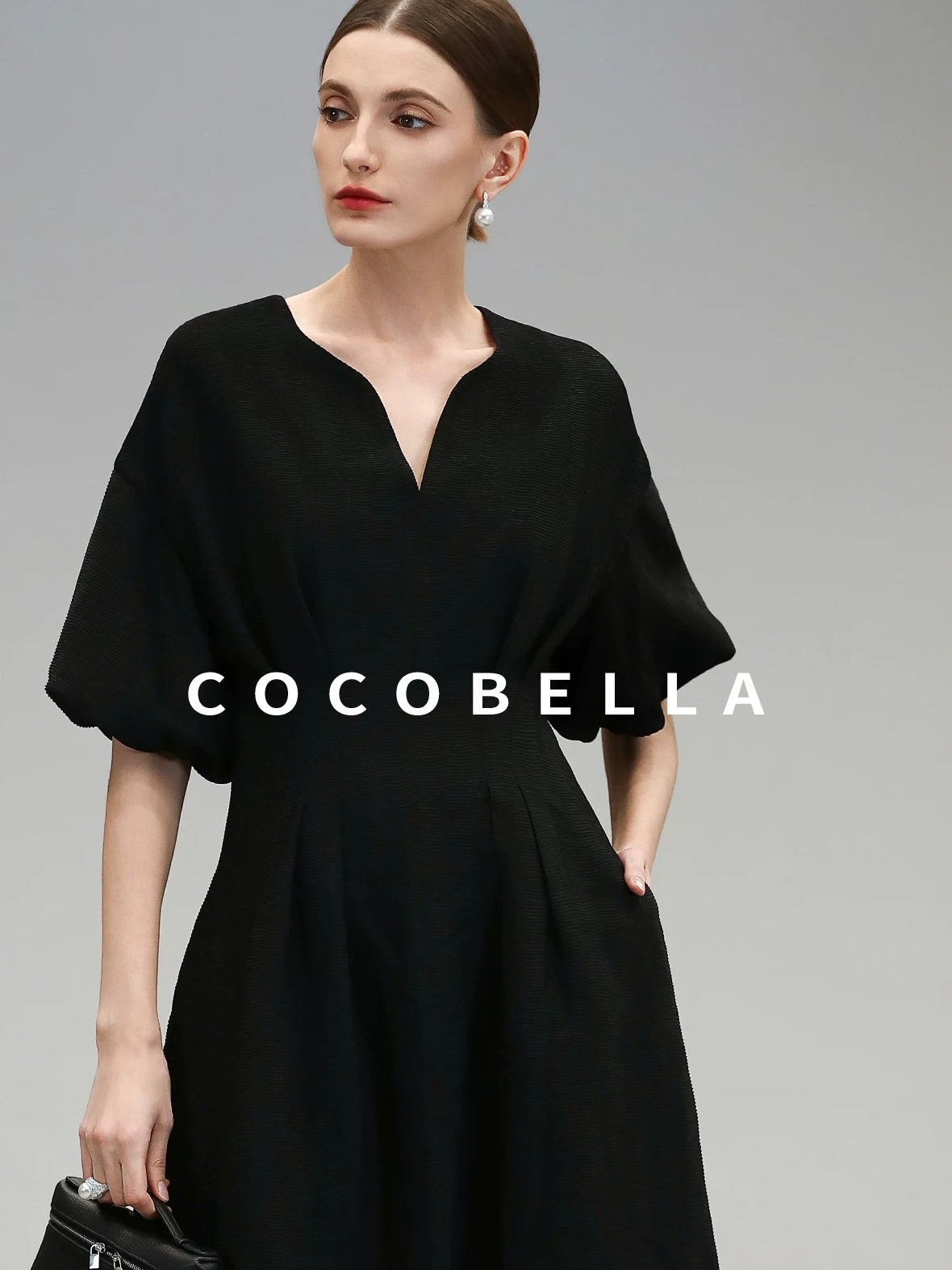 COCOBELLA Elegant Cinched Waist Pleated A Line V Neck Puff Sleeve Women Office Dresses