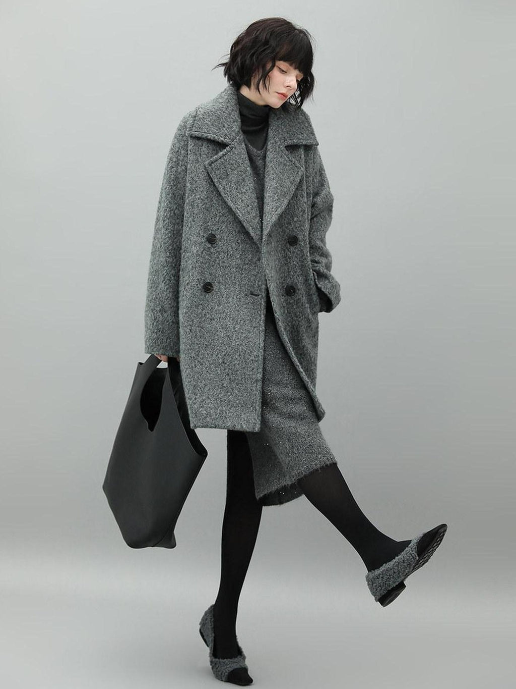 COCOBELLA Elegant Double Breasted Straight Midlength Work Polyester Heather Grey Coats