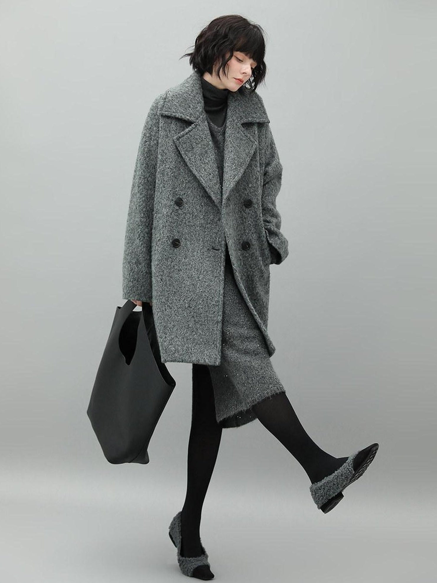 COCOBELLA Elegant Double Breasted Straight Midlength Work Polyester Heather Grey Coats