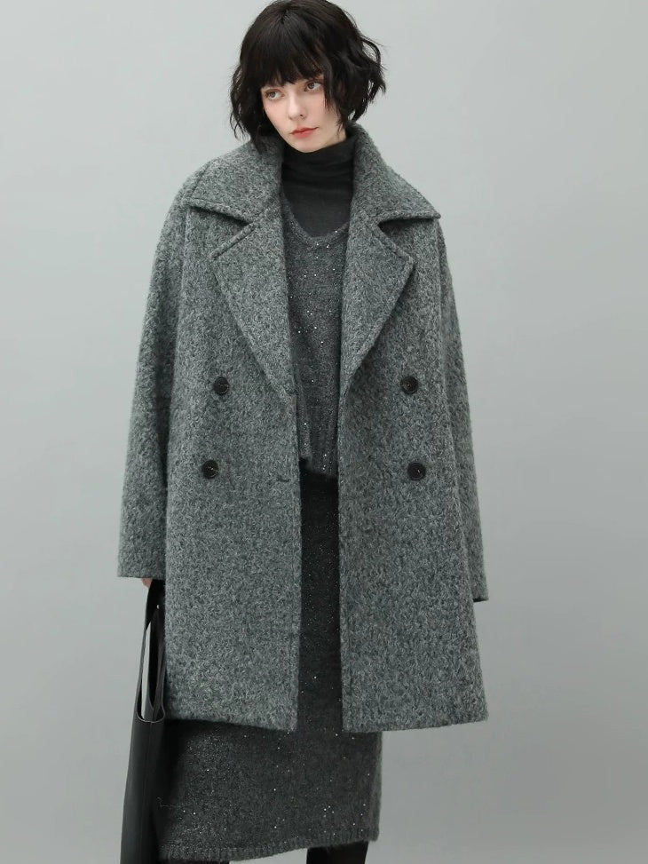 COCOBELLA Elegant Double Breasted Straight Midlength Work Polyester Heather Grey Coats