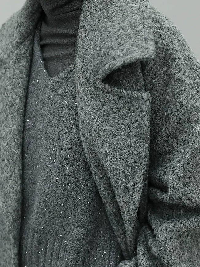 COCOBELLA Elegant Double Breasted Straight Midlength Work Polyester Heather Grey Coats