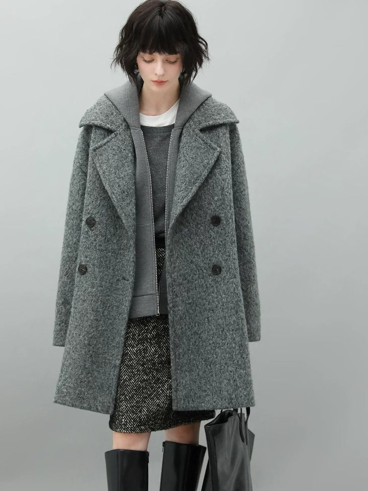 COCOBELLA Elegant Double Breasted Straight Midlength Work Polyester Heather Grey Coats