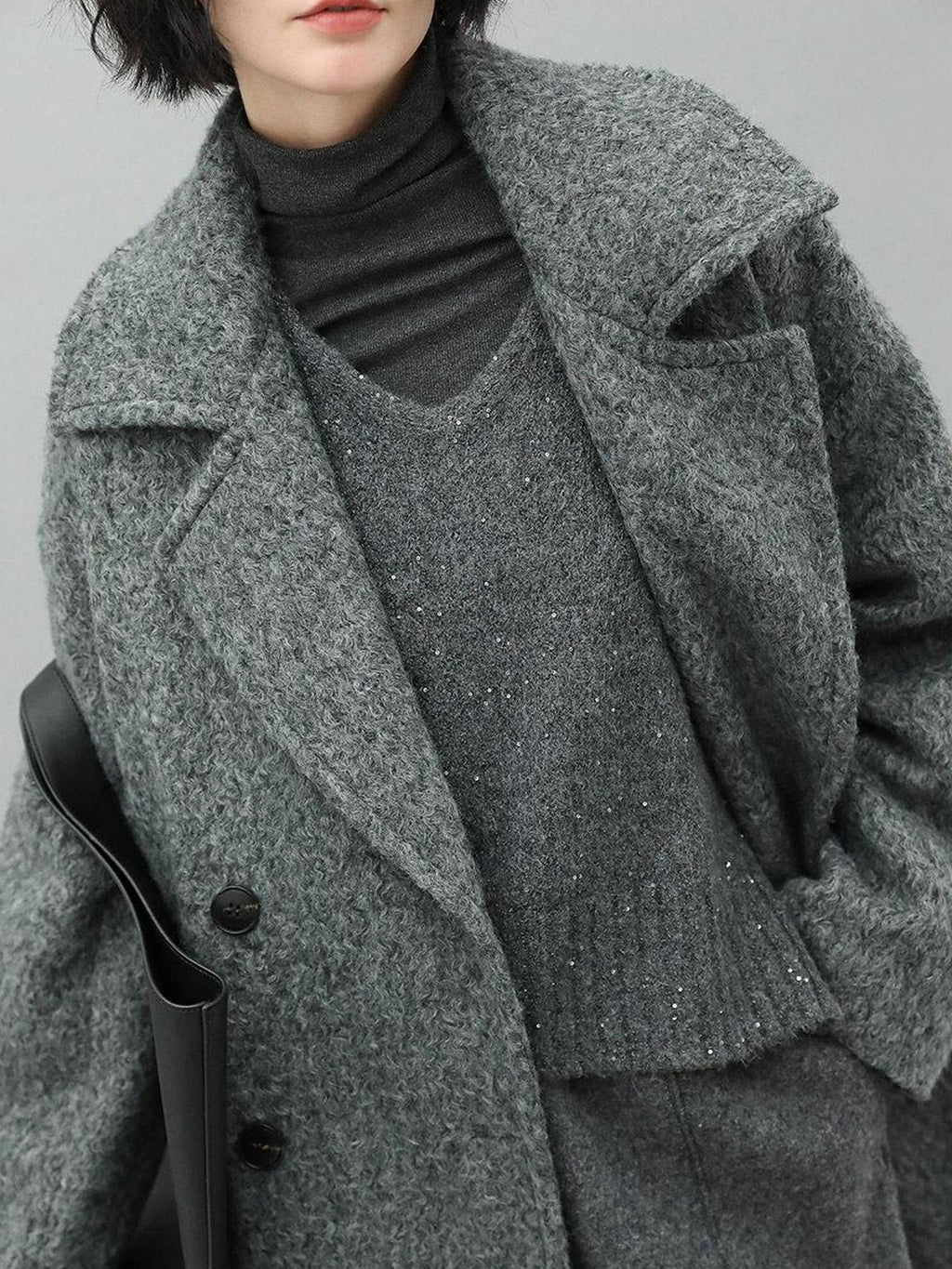 COCOBELLA Elegant Double Breasted Straight Midlength Work Polyester Heather Grey Coats