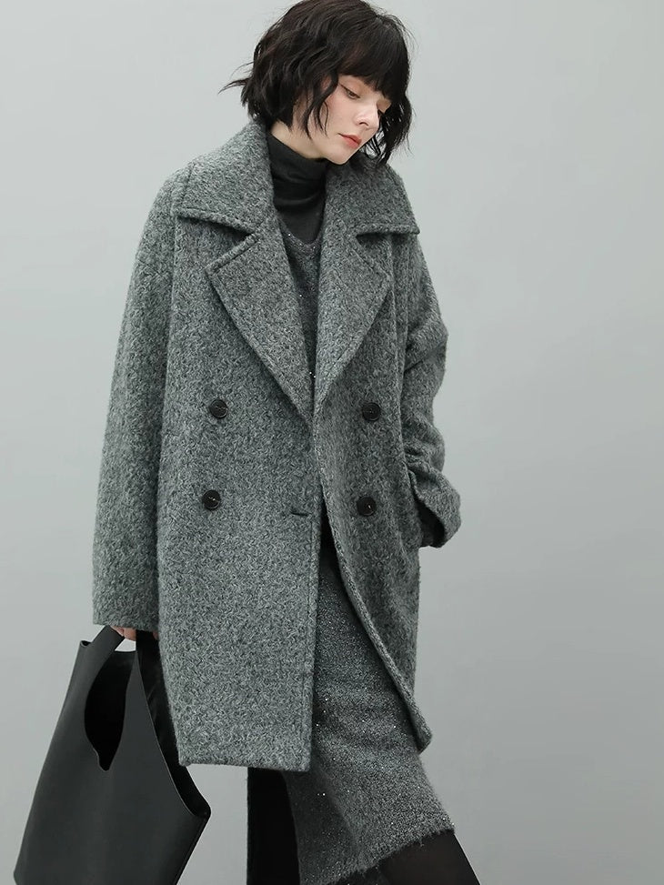 COCOBELLA Elegant Double Breasted Straight Midlength Work Polyester Heather Grey Coats