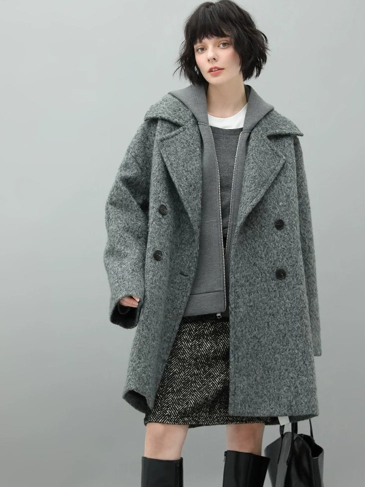 COCOBELLA Elegant Double Breasted Straight Midlength Work Polyester Heather Grey Coats