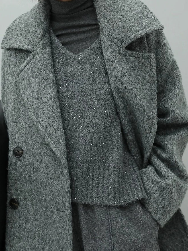 COCOBELLA Elegant Double Breasted Straight Midlength Work Polyester Heather Grey Coats