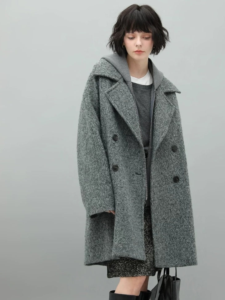 COCOBELLA Elegant Double Breasted Straight Midlength Work Polyester Heather Grey Coats