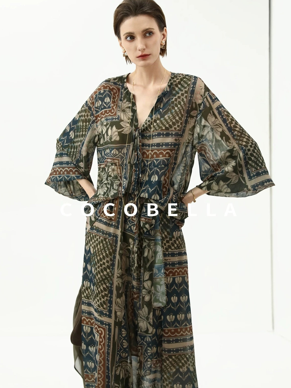 COCOBELLA Elegant French Print Straight Fit Long Puff Sleeve Round Neck Women Pop T-Shirts