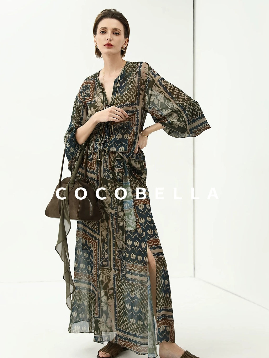 COCOBELLA Elegant French Print Straight Fit Long Puff Sleeve Round Neck Women Pop T-Shirts