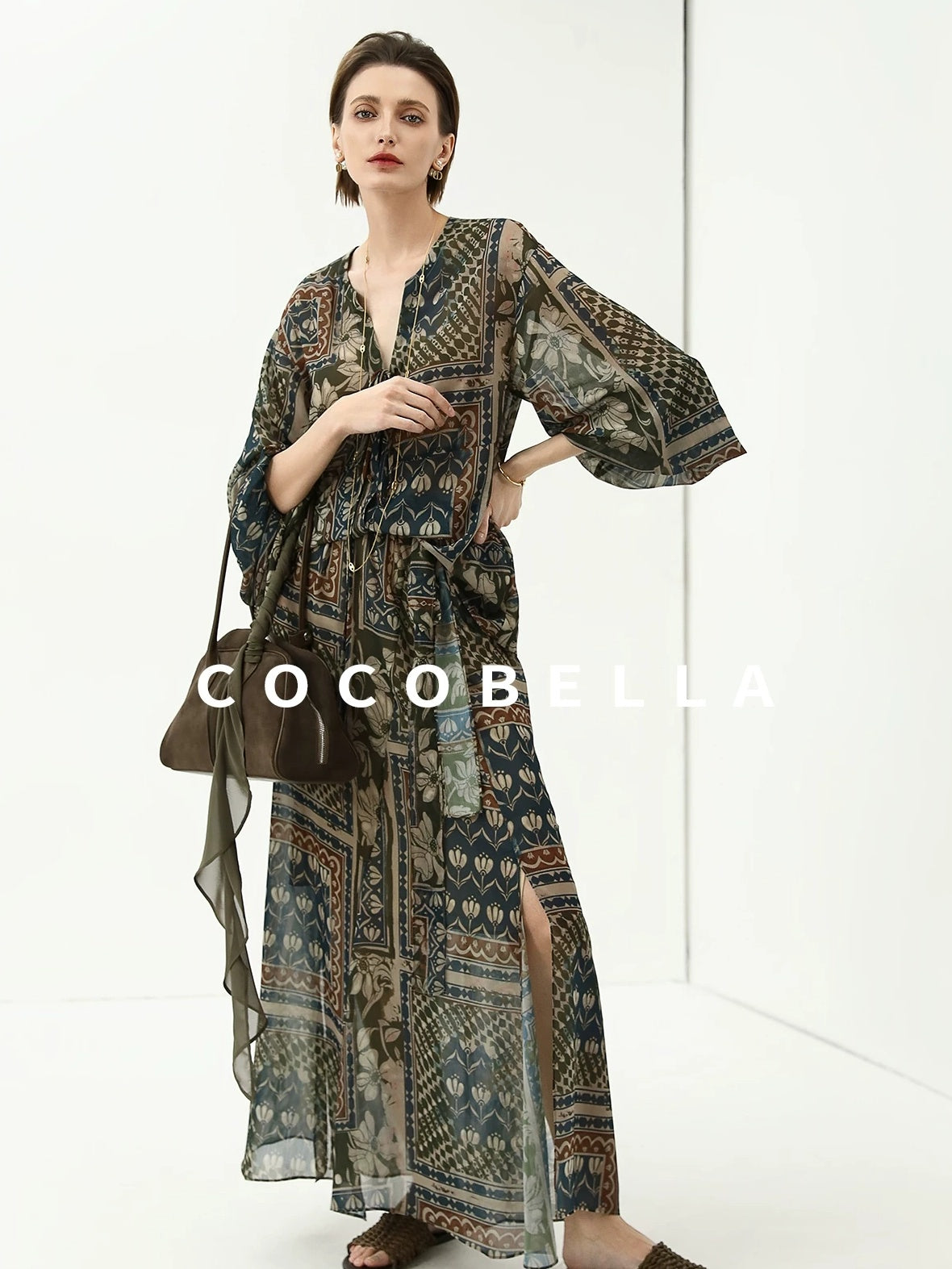 COCOBELLA Elegant French Print Straight Fit Long Puff Sleeve Round Neck Women Pop T-Shirts