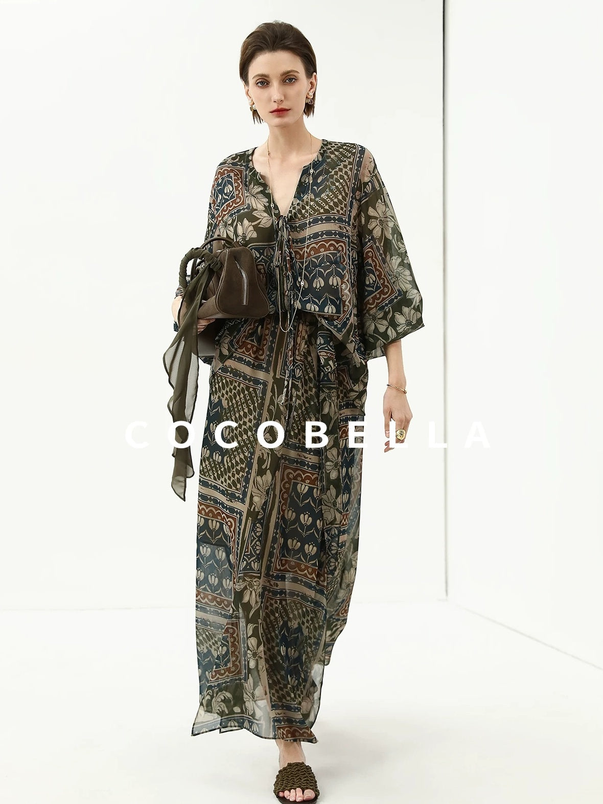 COCOBELLA Elegant French Print Straight Fit Long Puff Sleeve Round Neck Women Pop T-Shirts