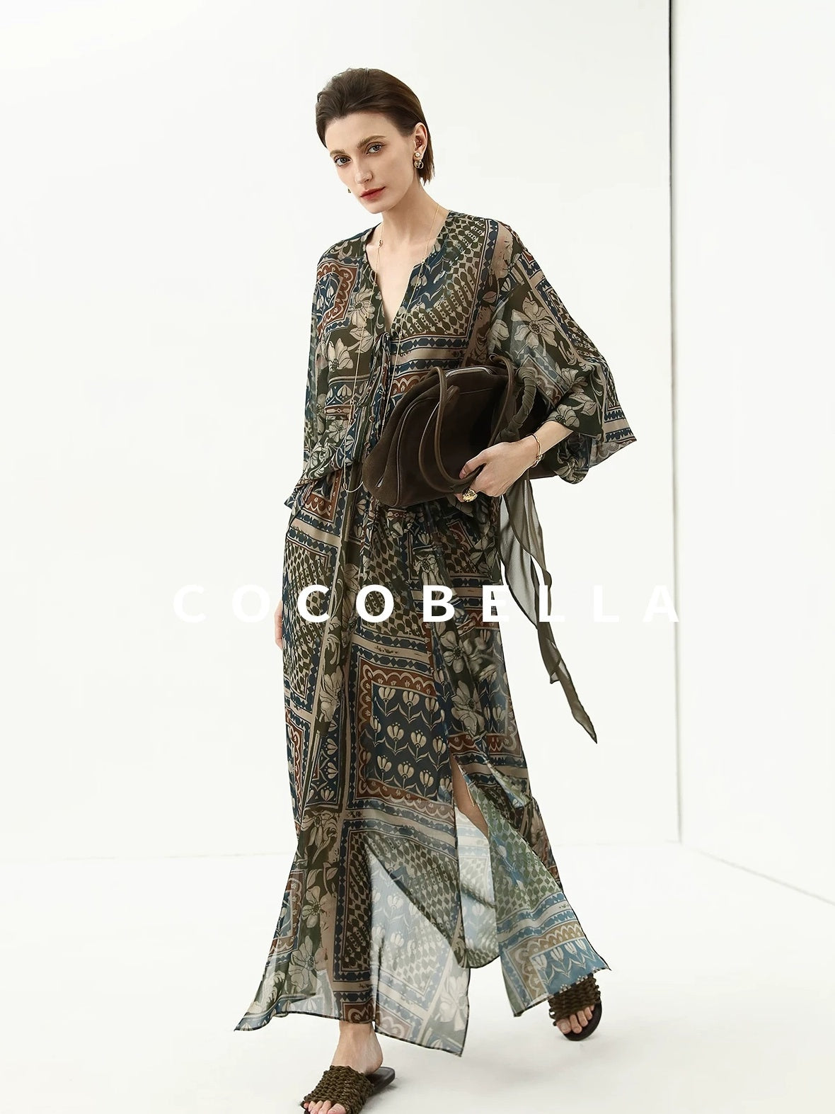 COCOBELLA Elegant French Print Straight Fit Long Puff Sleeve Round Neck Women Pop T-Shirts