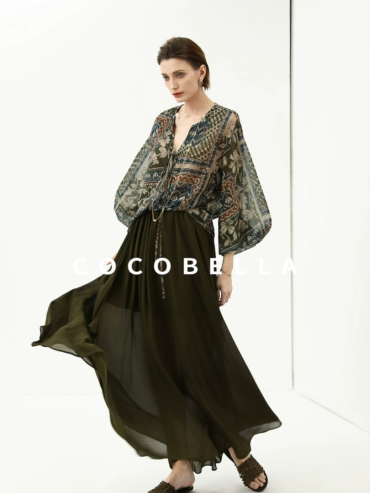 COCOBELLA Elegant French Print Straight Fit Long Puff Sleeve Round Neck Women Pop T-Shirts