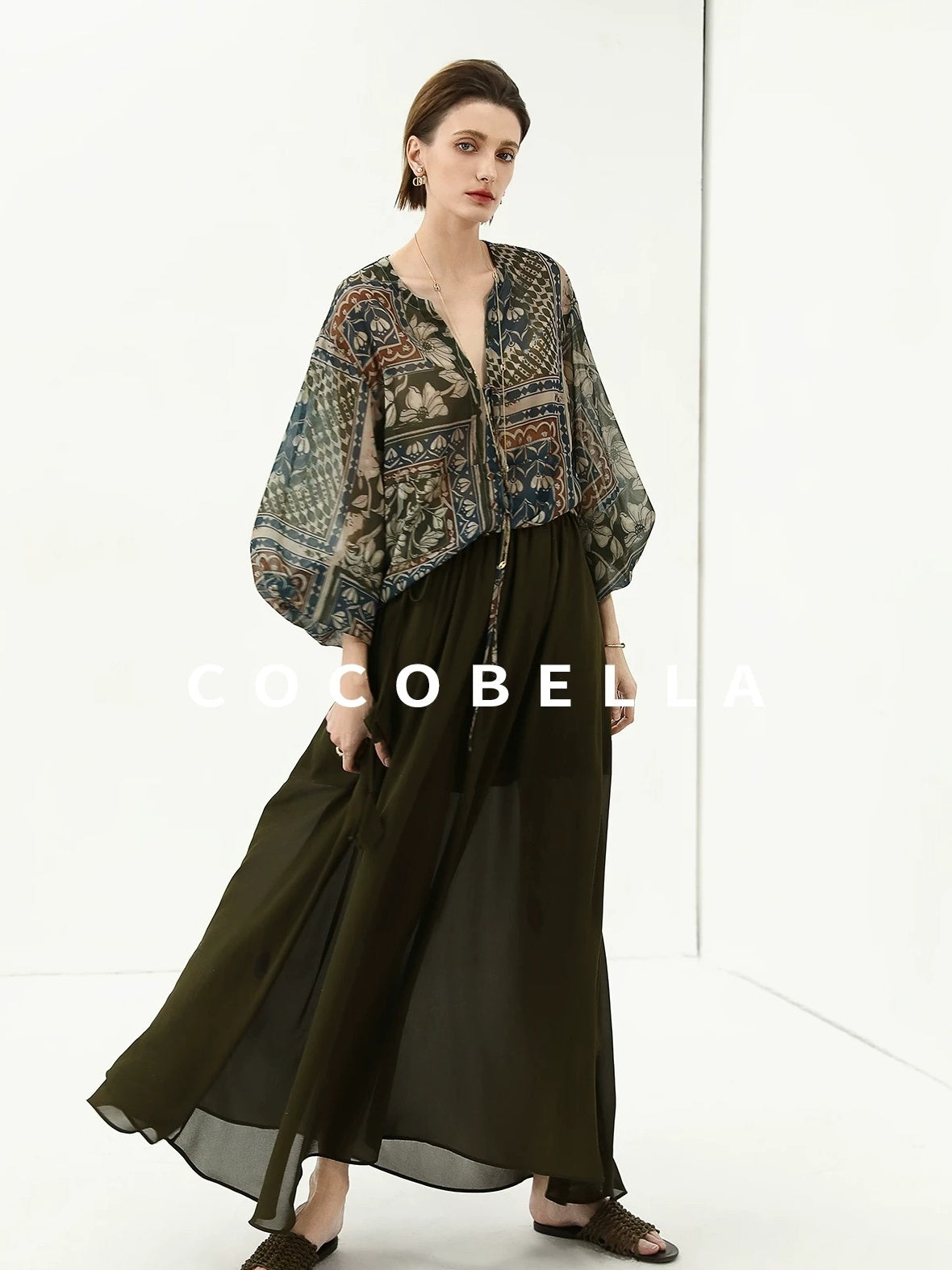 COCOBELLA Elegant French Print Straight Fit Long Puff Sleeve Round Neck Women Pop T-Shirts