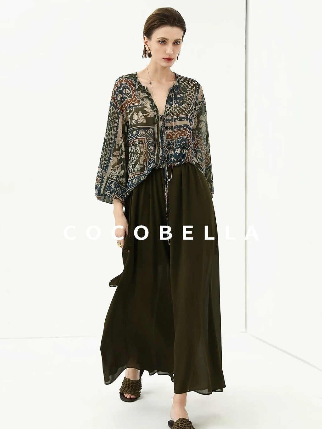 COCOBELLA Elegant French Print Straight Fit Long Puff Sleeve Round Neck Women Pop T-Shirts