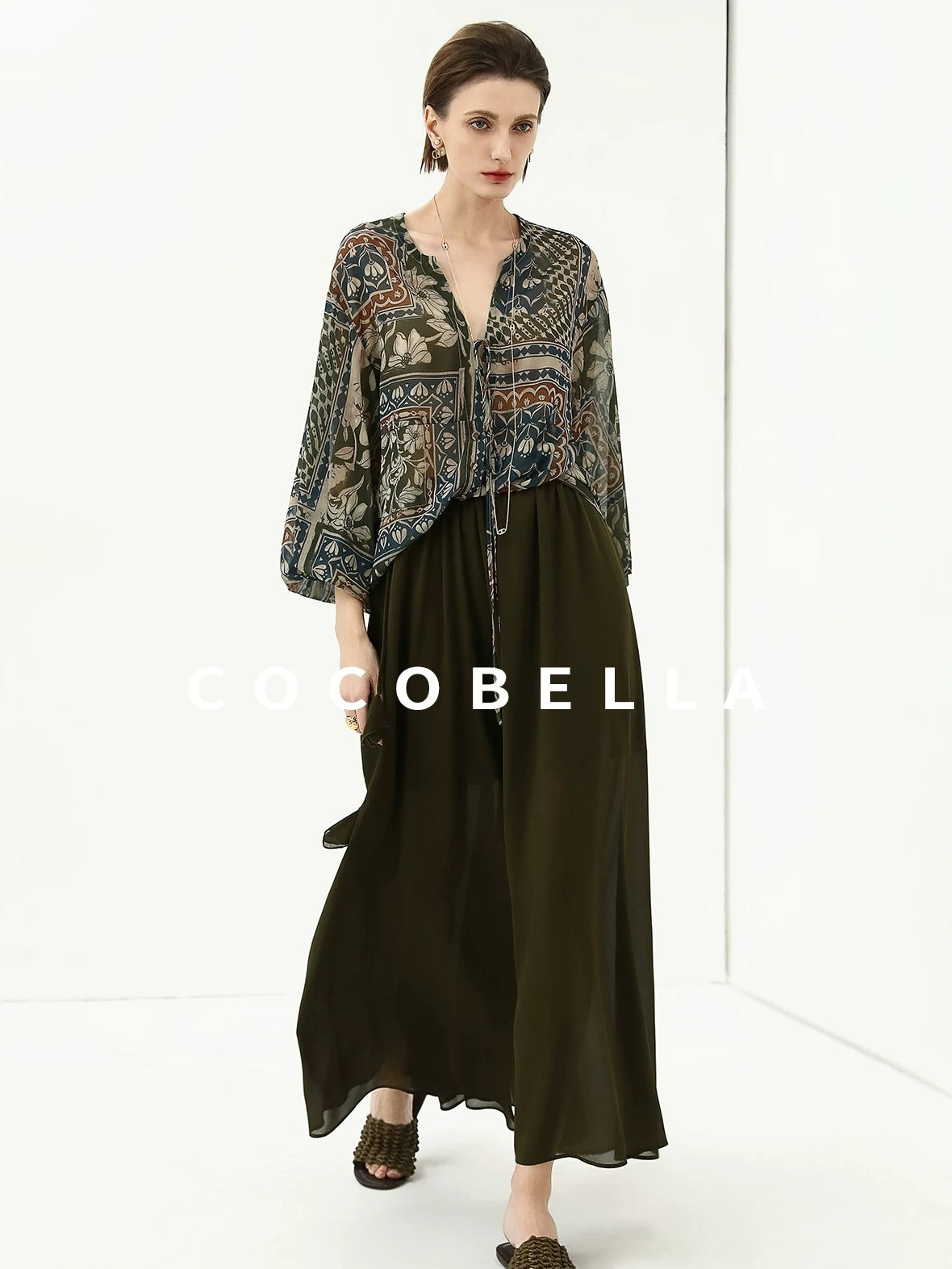 COCOBELLA Elegant French Print Straight Fit Long Puff Sleeve Round Neck Women Pop T-Shirts