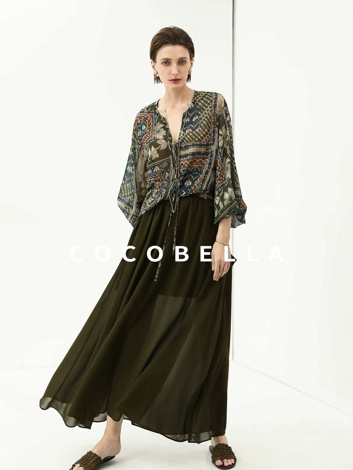 COCOBELLA Elegant French Print Straight Fit Long Puff Sleeve Round Neck Women Pop T-Shirts